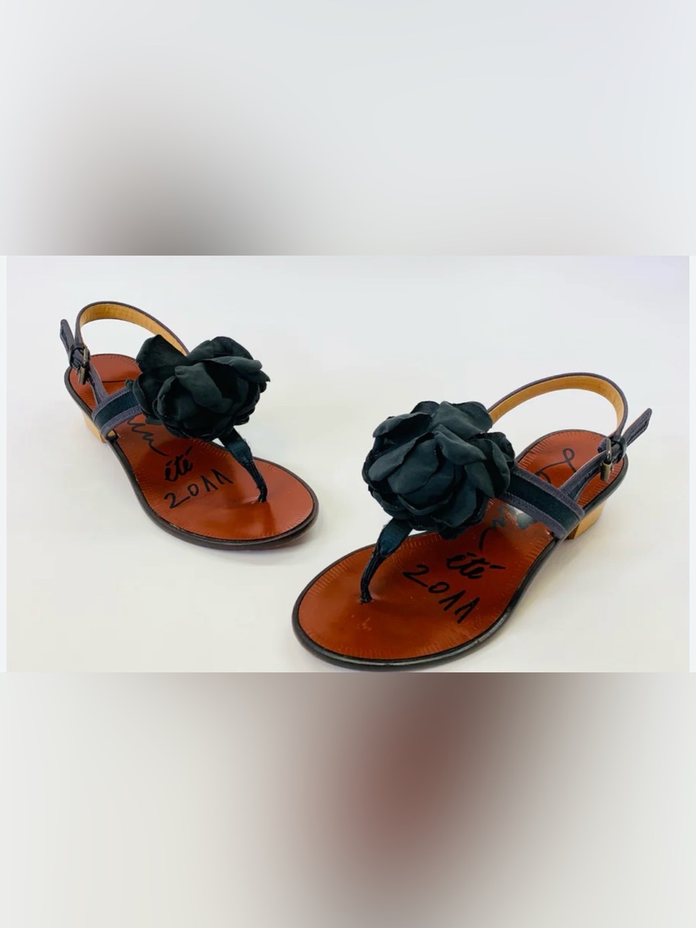 Lanvin Black Floral Toe-Post Slingback Sandals